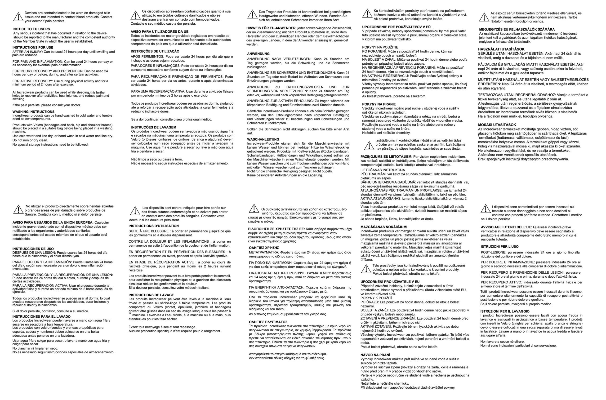 Incrediwear instructions for care and use (page 1 of 5) - English, Portuguese, German, Slovak, Hungarian, Spanish, French, Greek, Czech and Italian